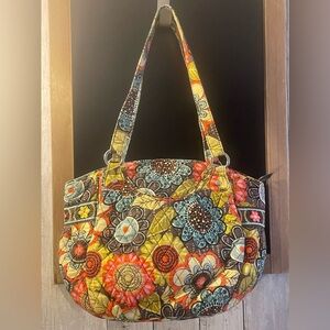 VERA BRADLEY Baroque Shoulder Bag Tote Large Yellow Floral Purse Quilted